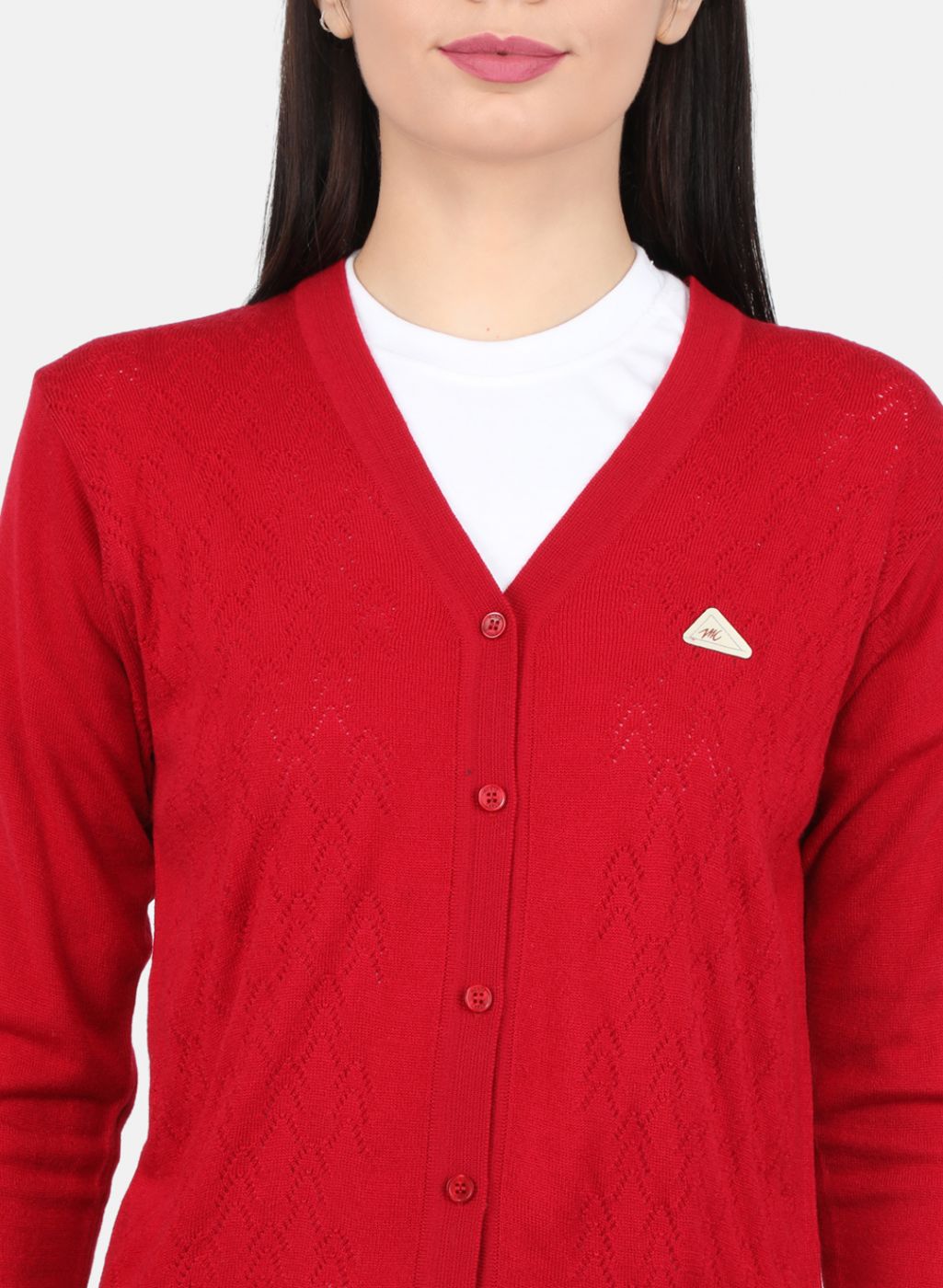 Women Red Self Design Cardigan