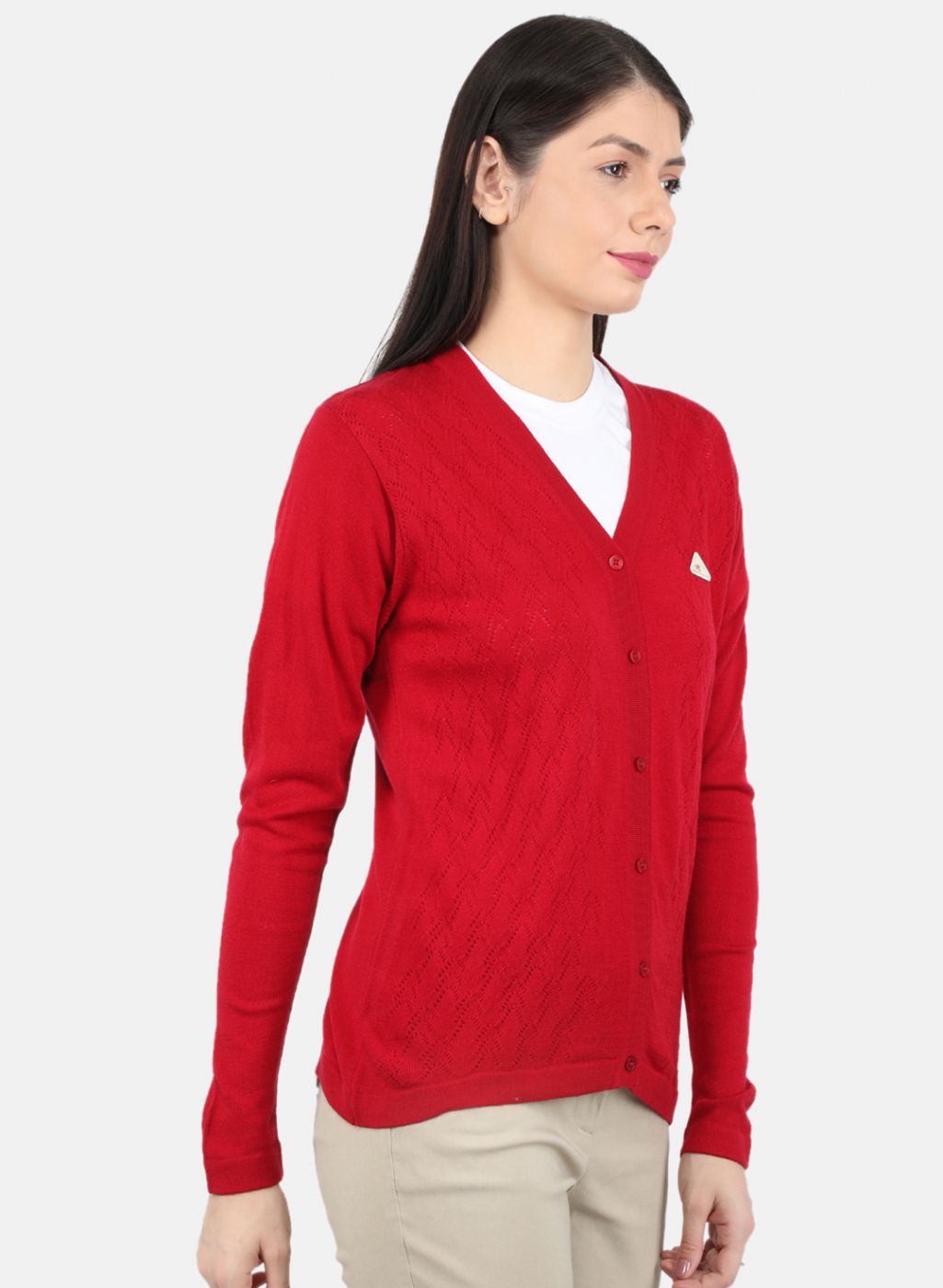 Women Red Self Design Cardigan