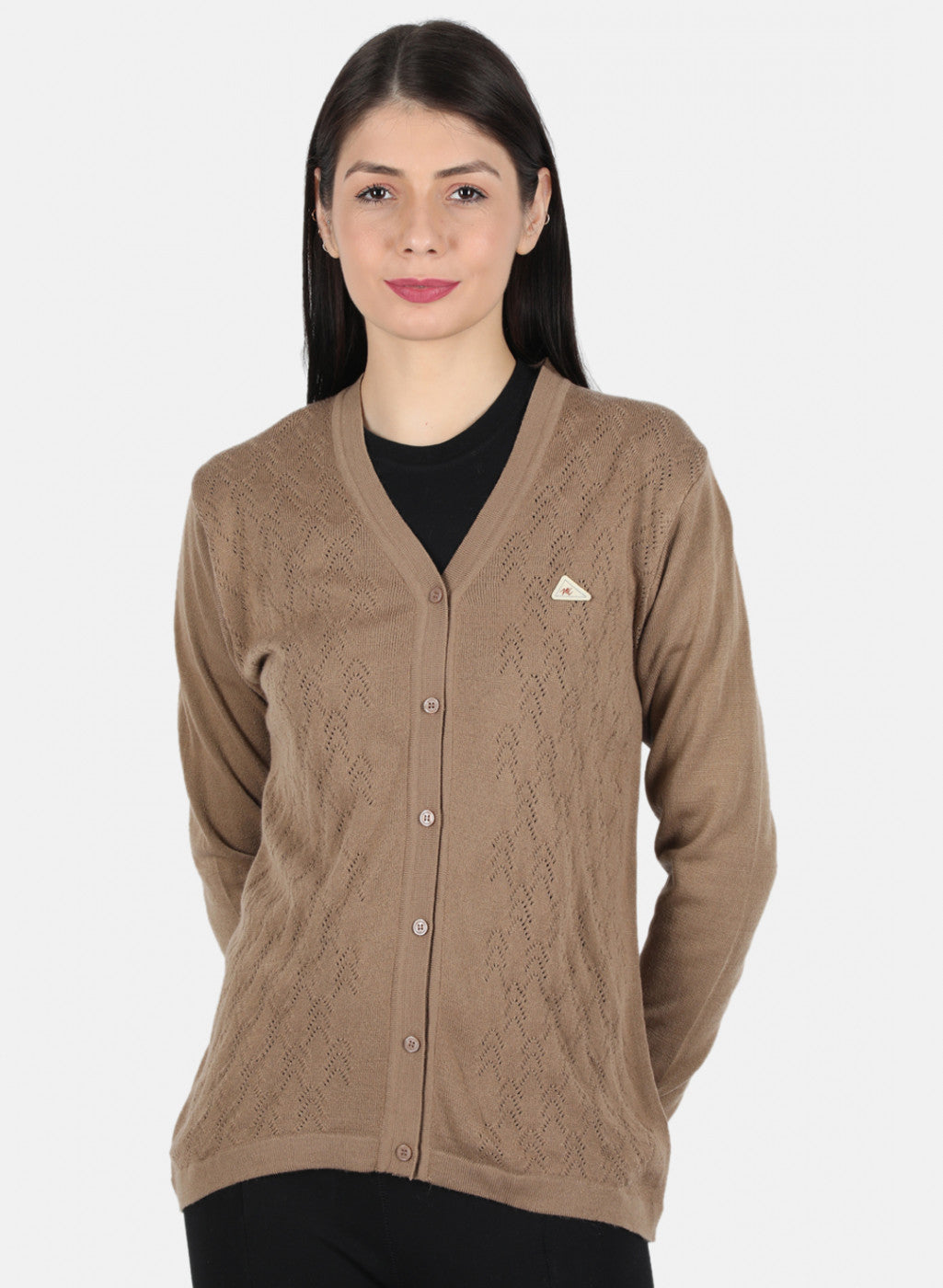 Women Brown Self Design Cardigan