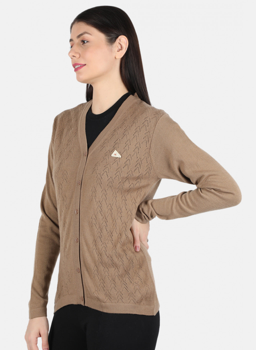 Women Brown Self Design Cardigan