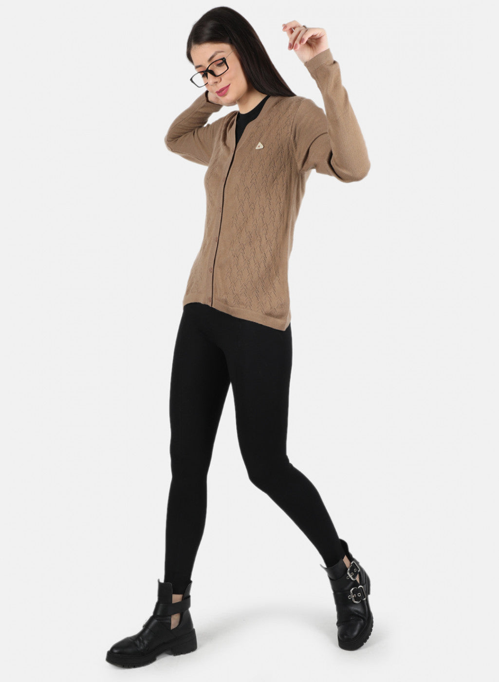 Women Brown Self Design Cardigan