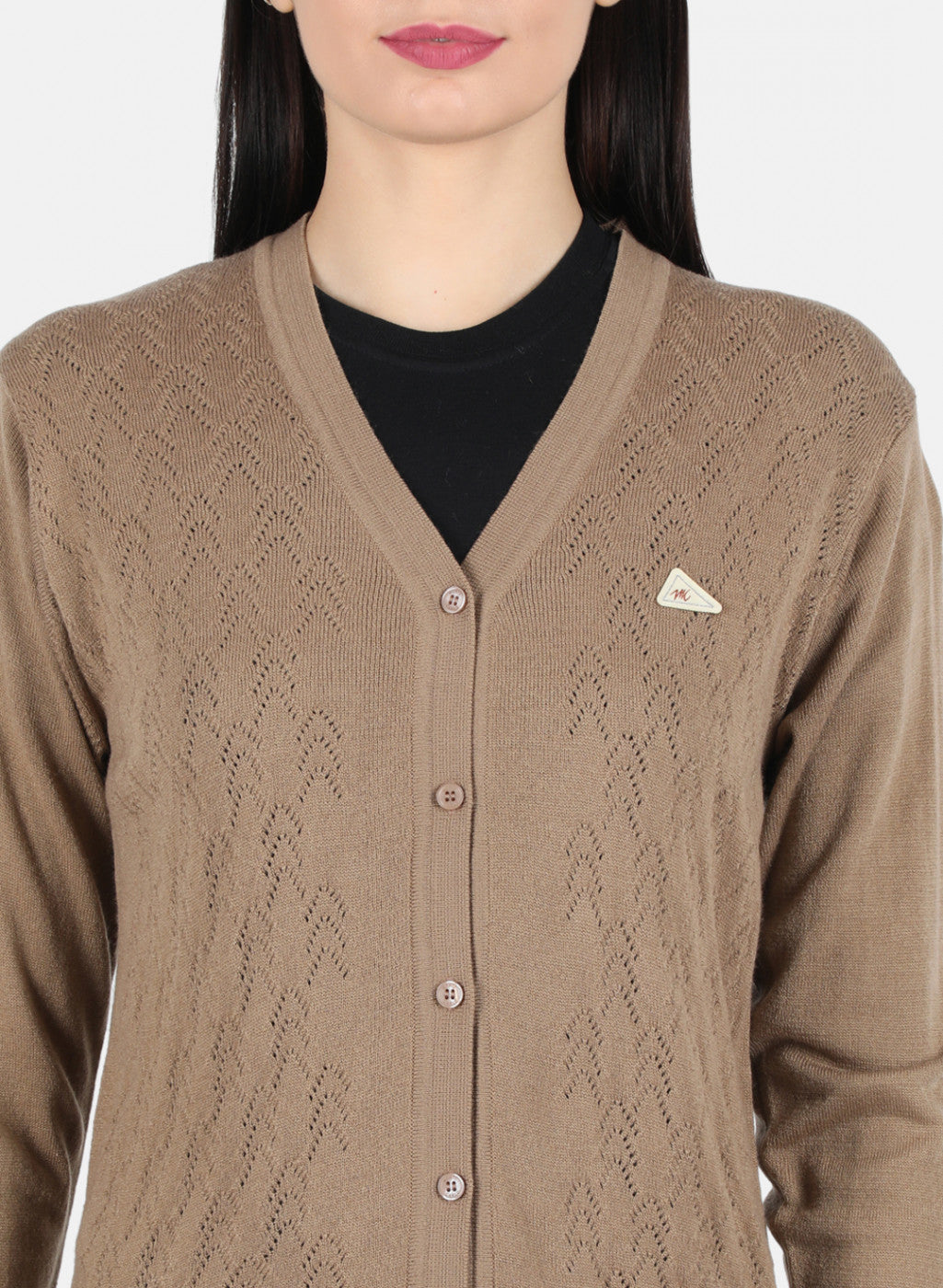 Women Brown Self Design Cardigan