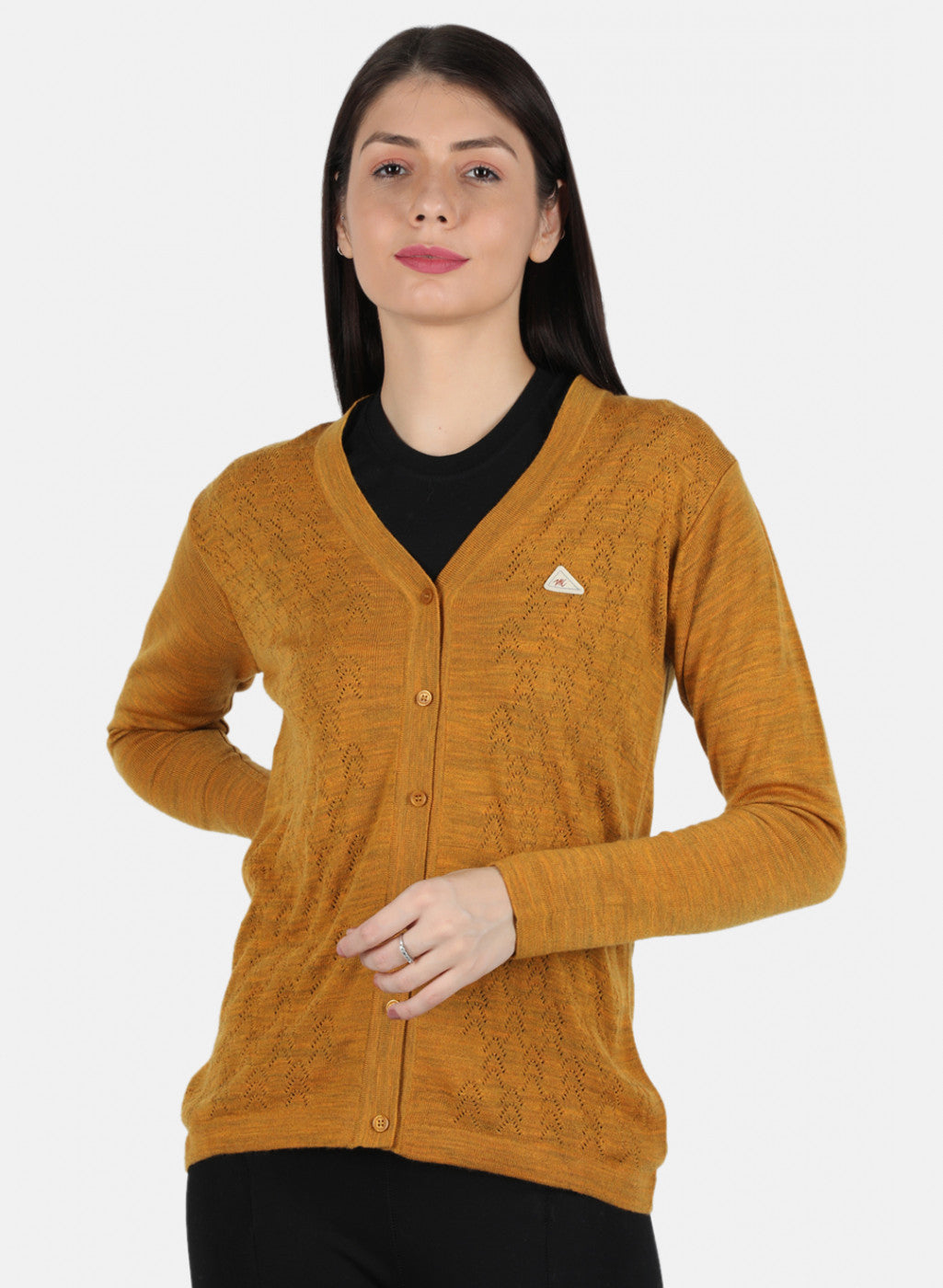 Women Mustard Self Design Cardigan