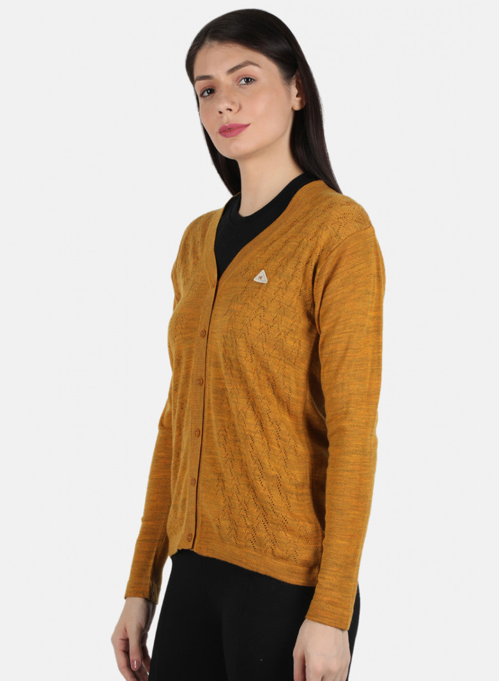 Women Mustard Self Design Cardigan