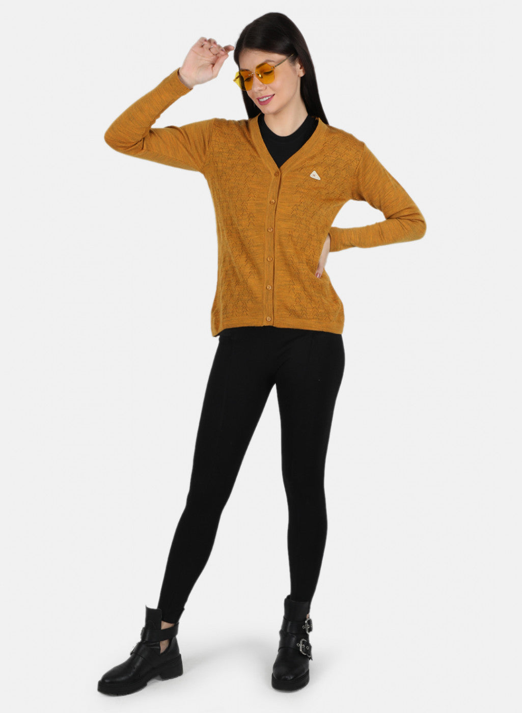 Women Mustard Self Design Cardigan