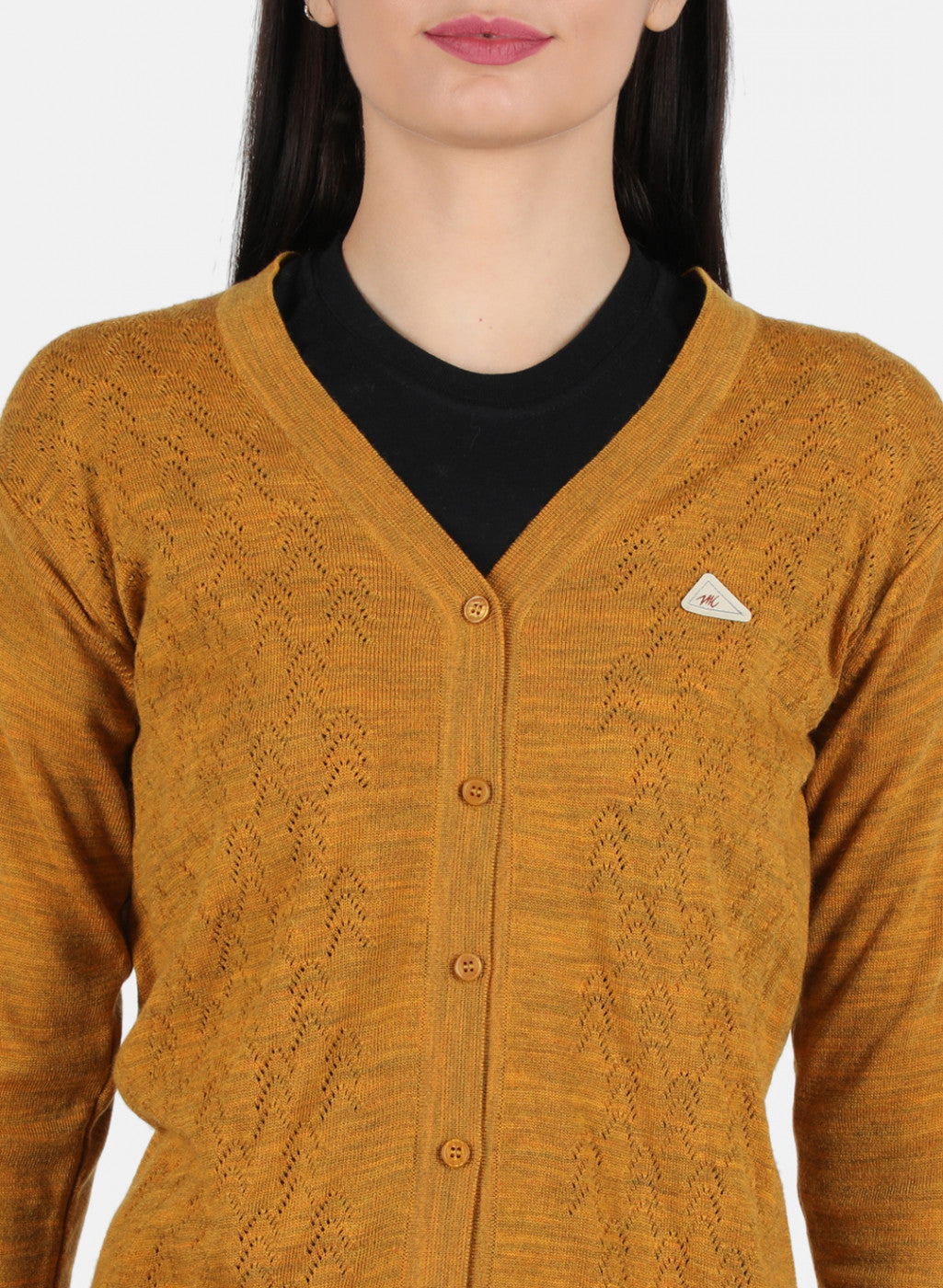 Women Mustard Self Design Cardigan