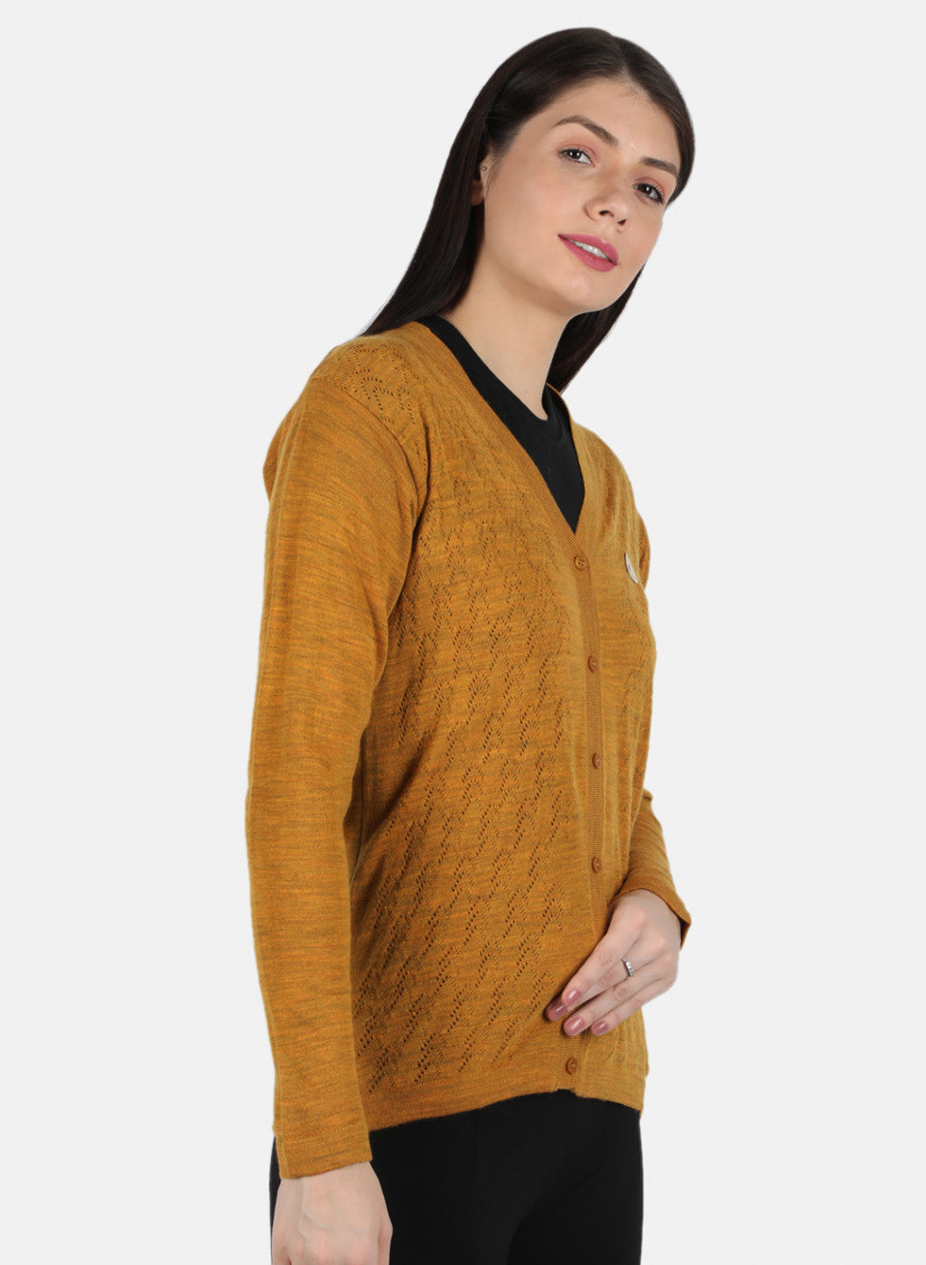 Women Mustard Self Design Cardigan