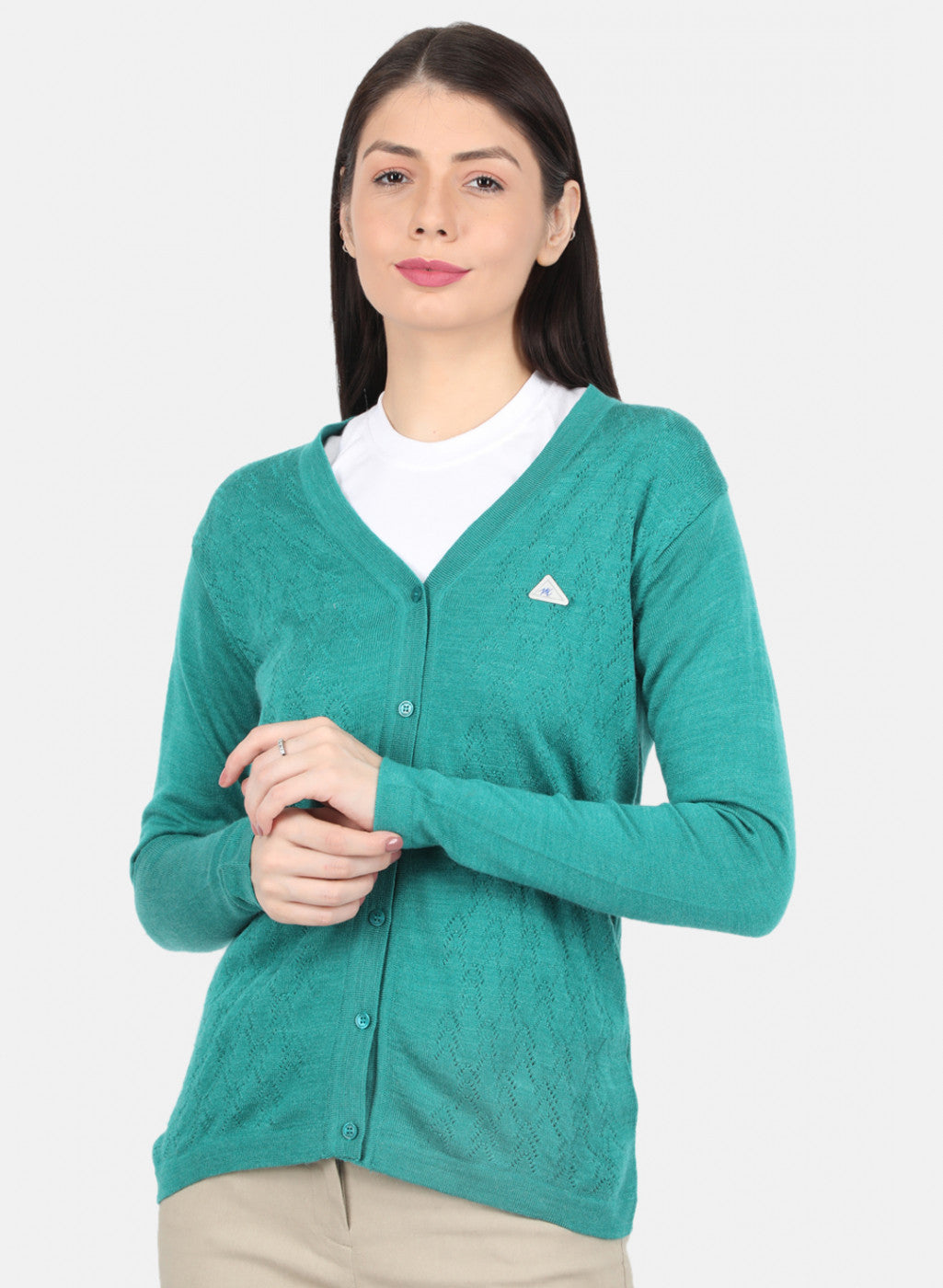 Women Green Self Design Cardigan