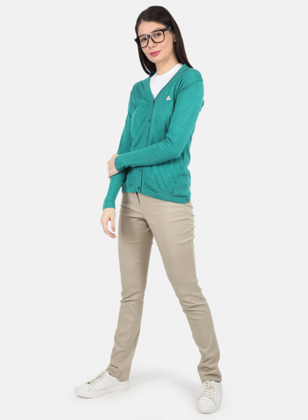 Women Green Self Design Cardigan