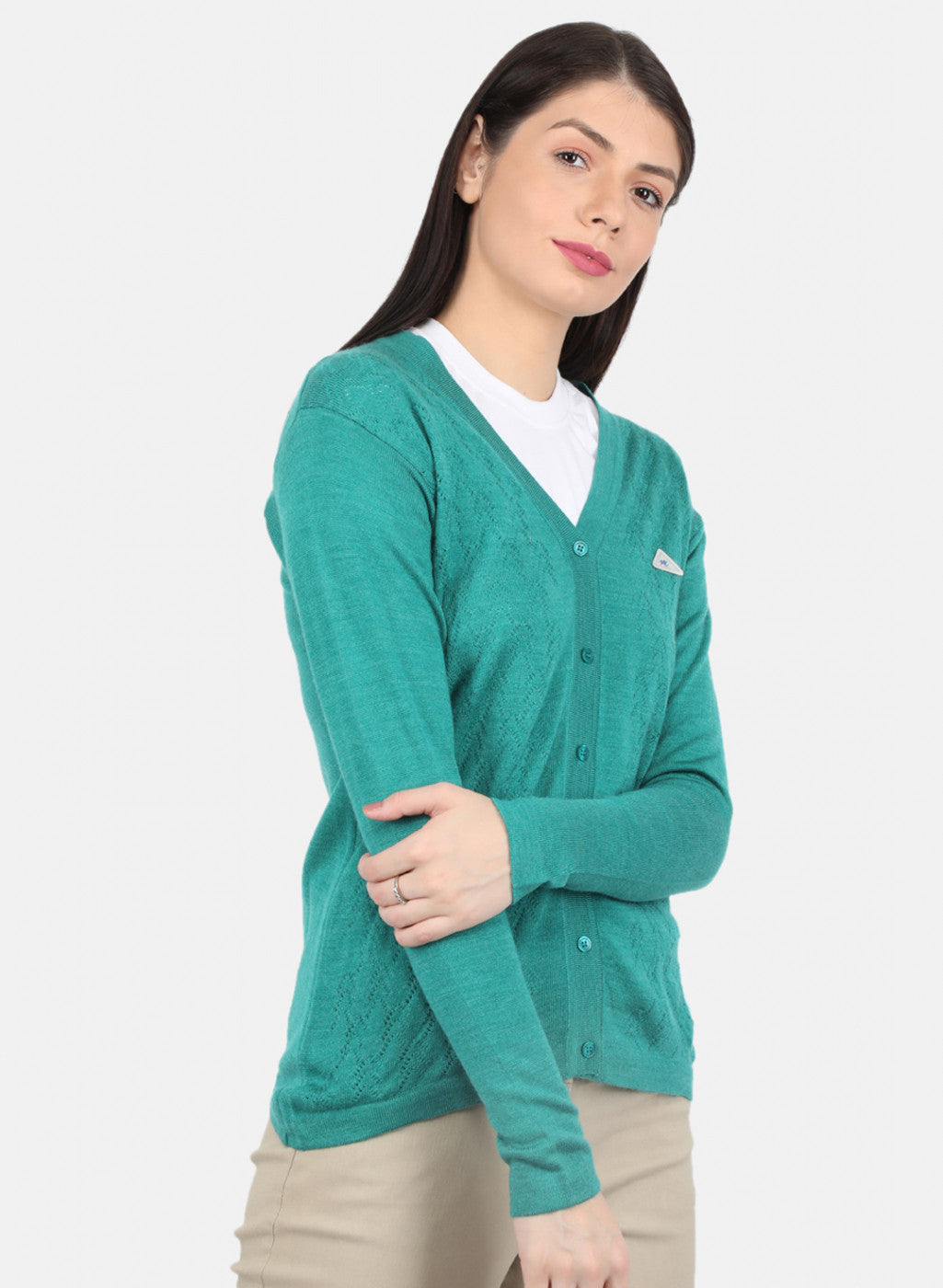 Women Green Self Design Cardigan