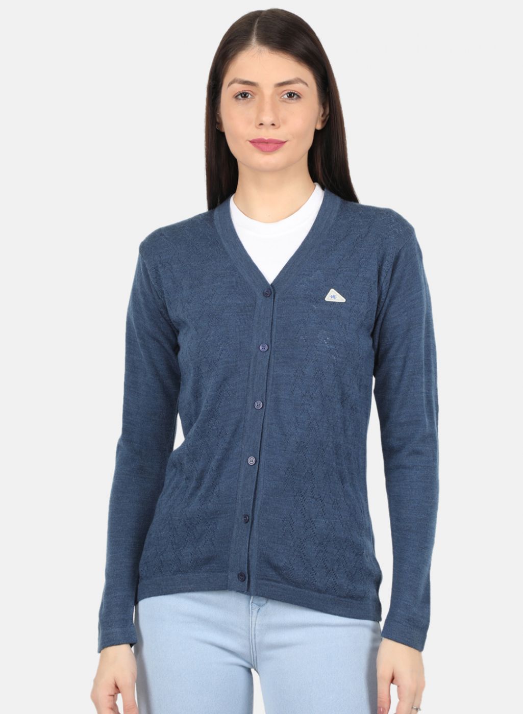 Women Blue Self Design Cardigan