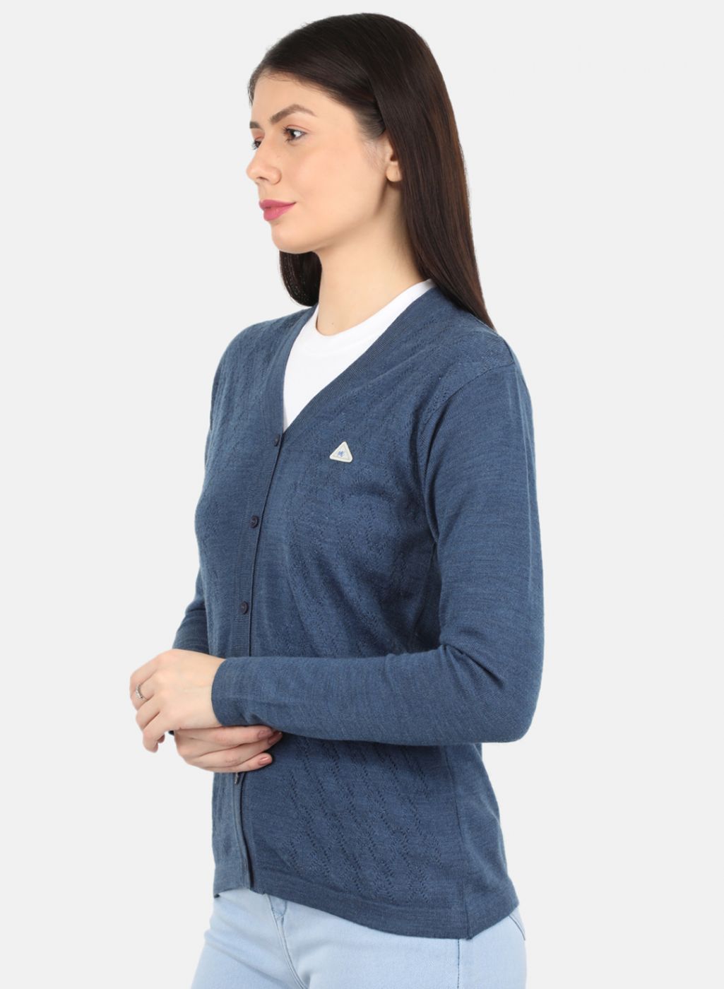 Women Blue Self Design Cardigan