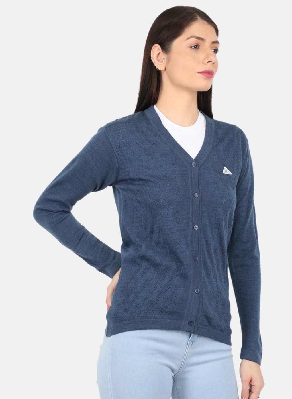 Women Blue Self Design Cardigan