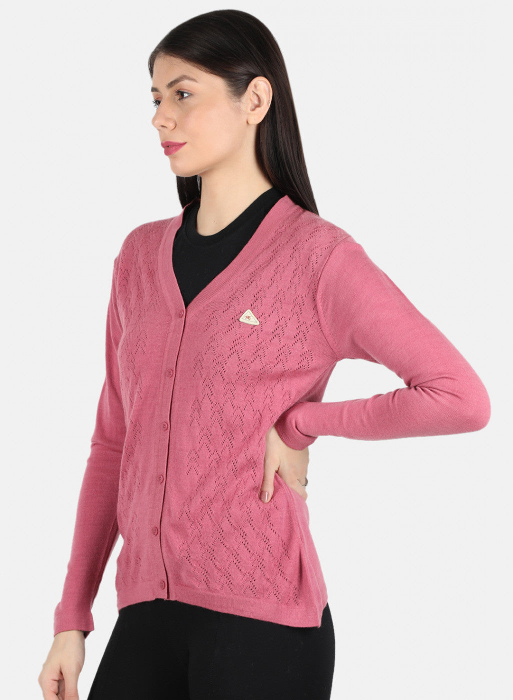 Women Pink Self Design Cardigan