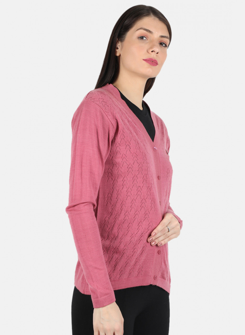 Women Pink Self Design Cardigan