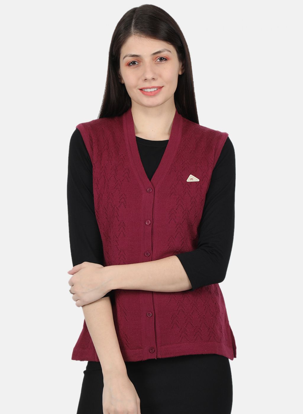 Women Burgundy Self Design Cardigan