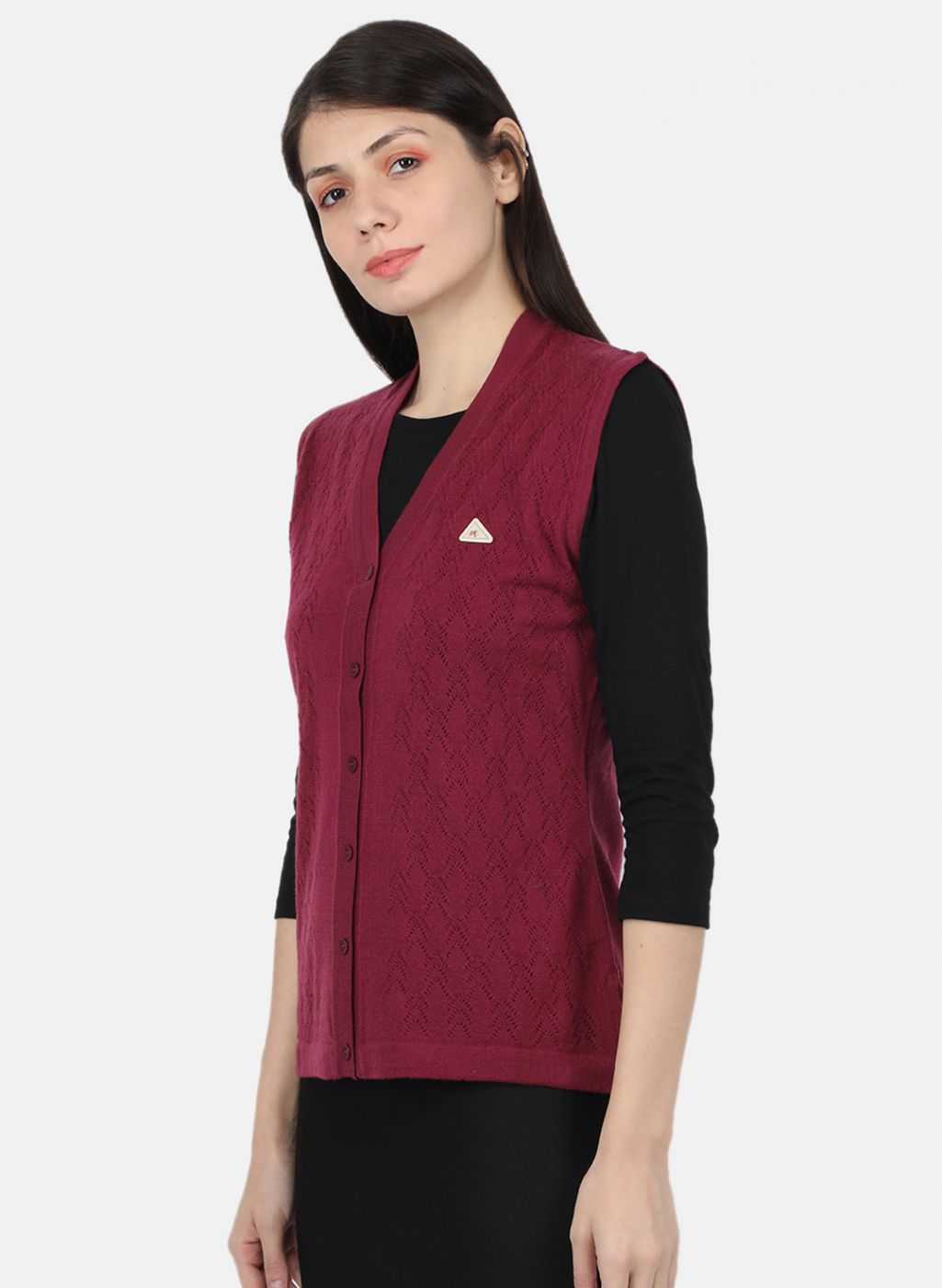 Women Burgundy Self Design Cardigan