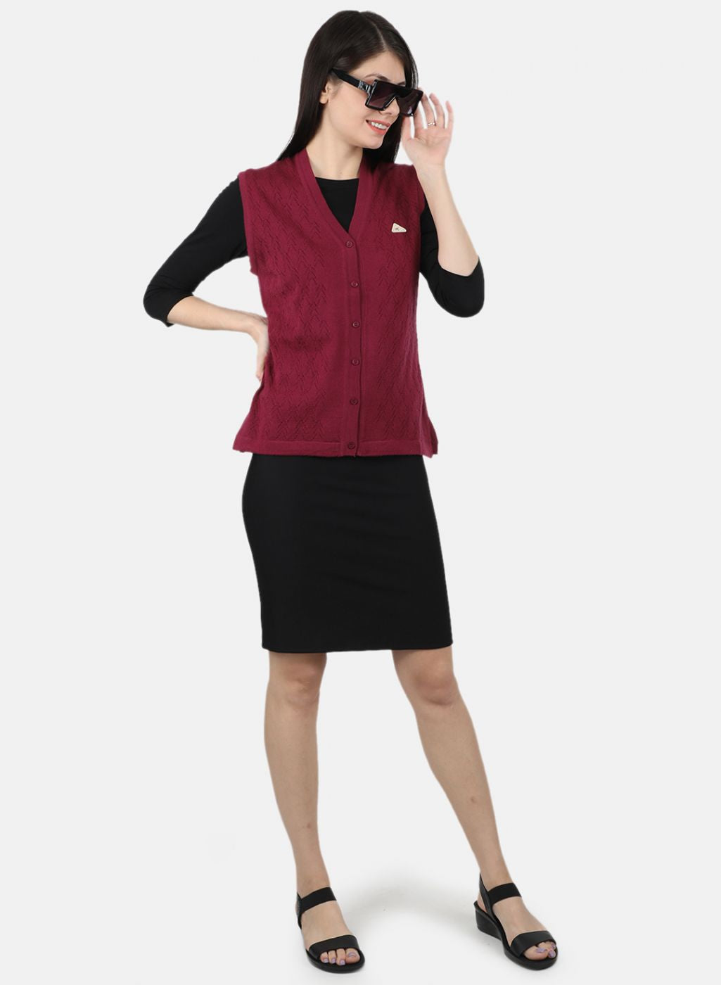 Women Burgundy Self Design Cardigan