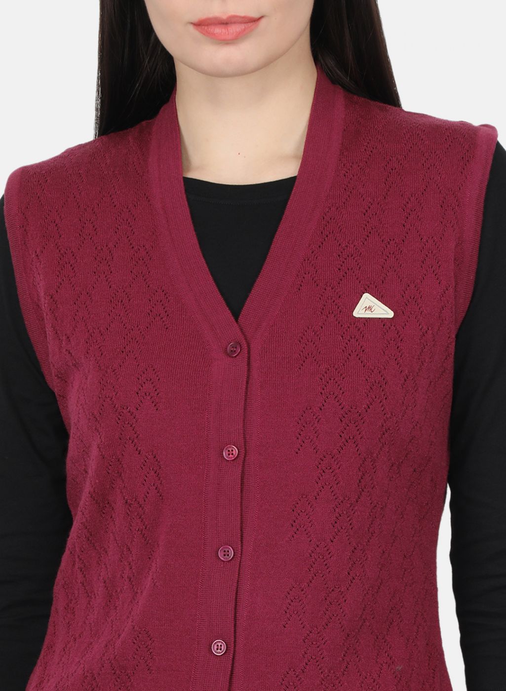 Women Burgundy Self Design Cardigan