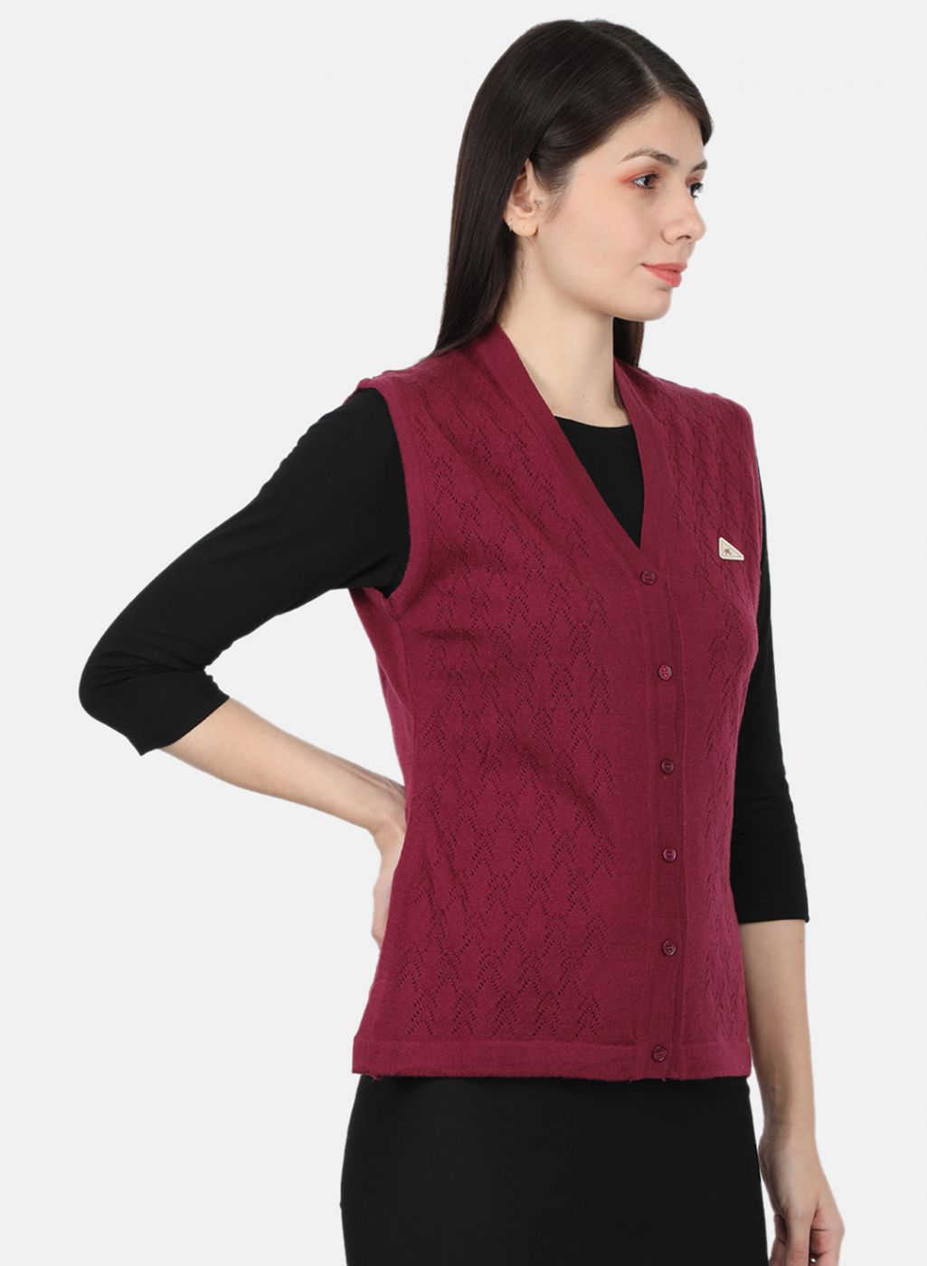 Women Burgundy Self Design Cardigan