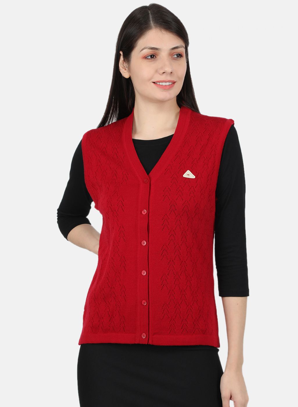 Women Red Self Design Cardigan