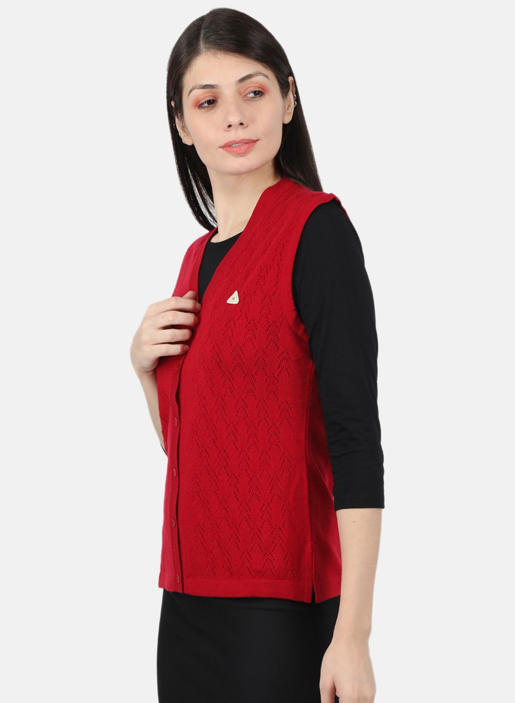 Women Red Self Design Cardigan