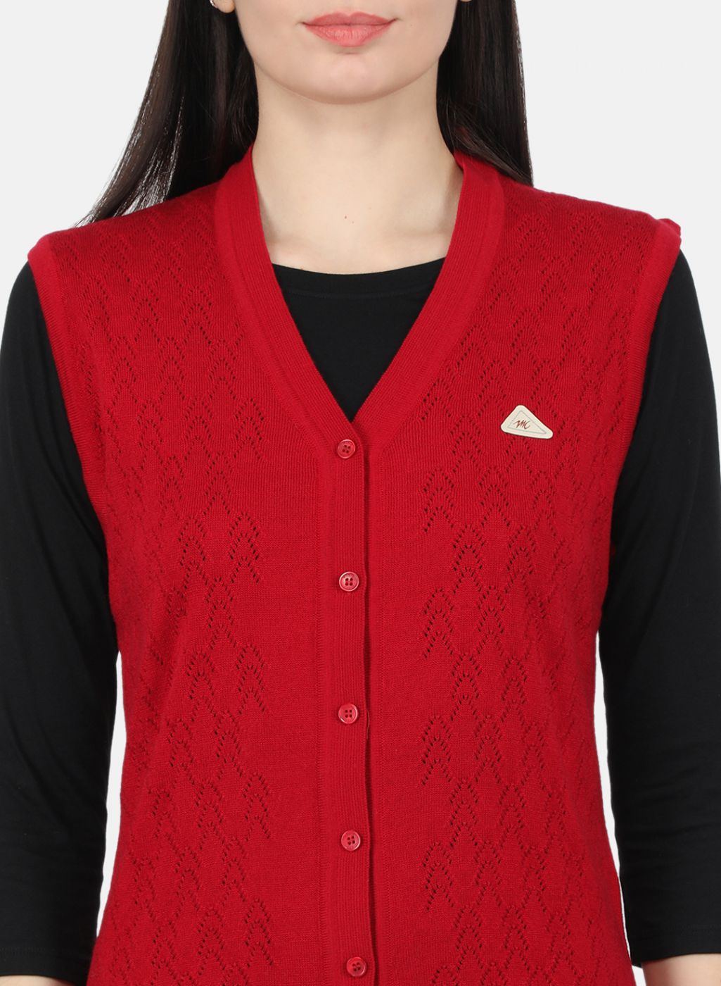 Women Red Self Design Cardigan