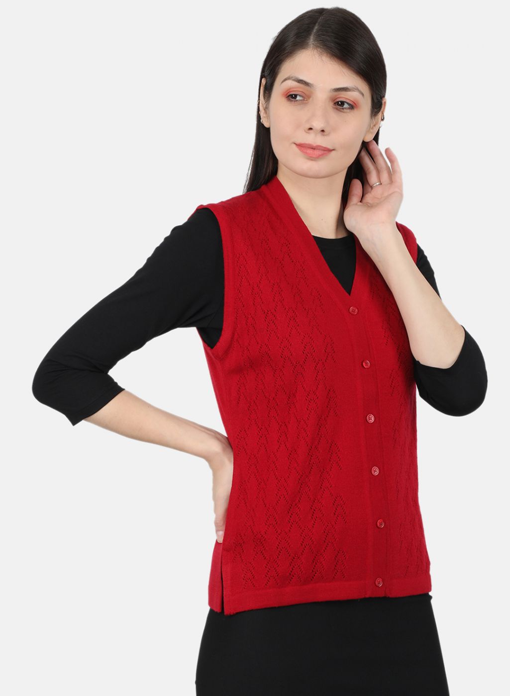 Women Red Self Design Cardigan