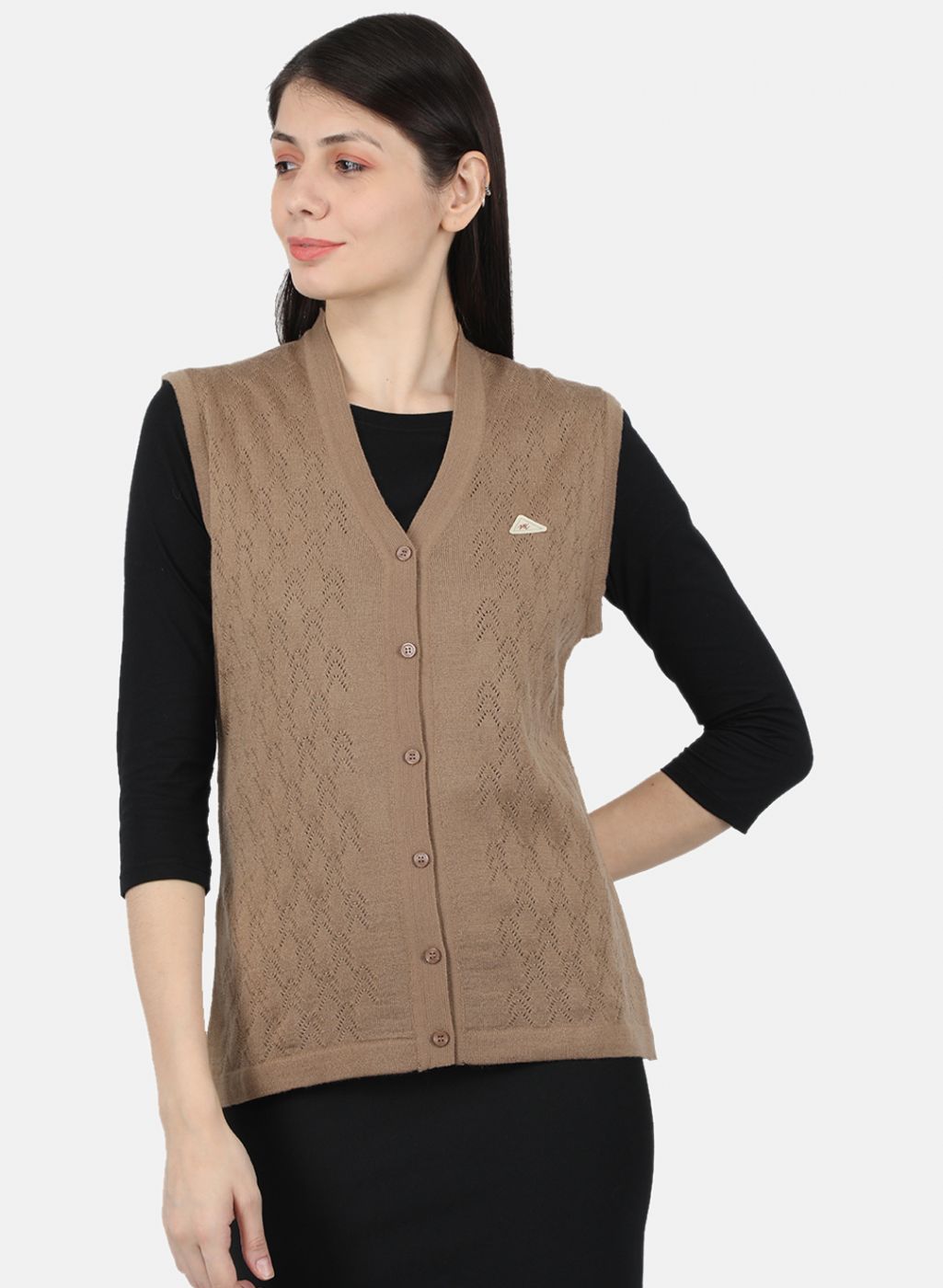 Women Brown Self Design Cardigan