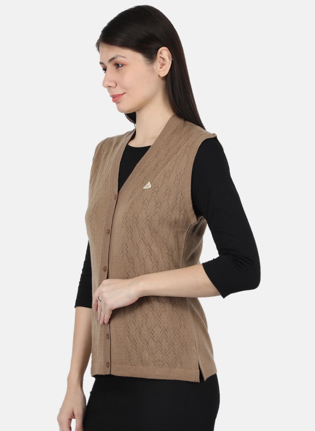 Women Brown Self Design Cardigan