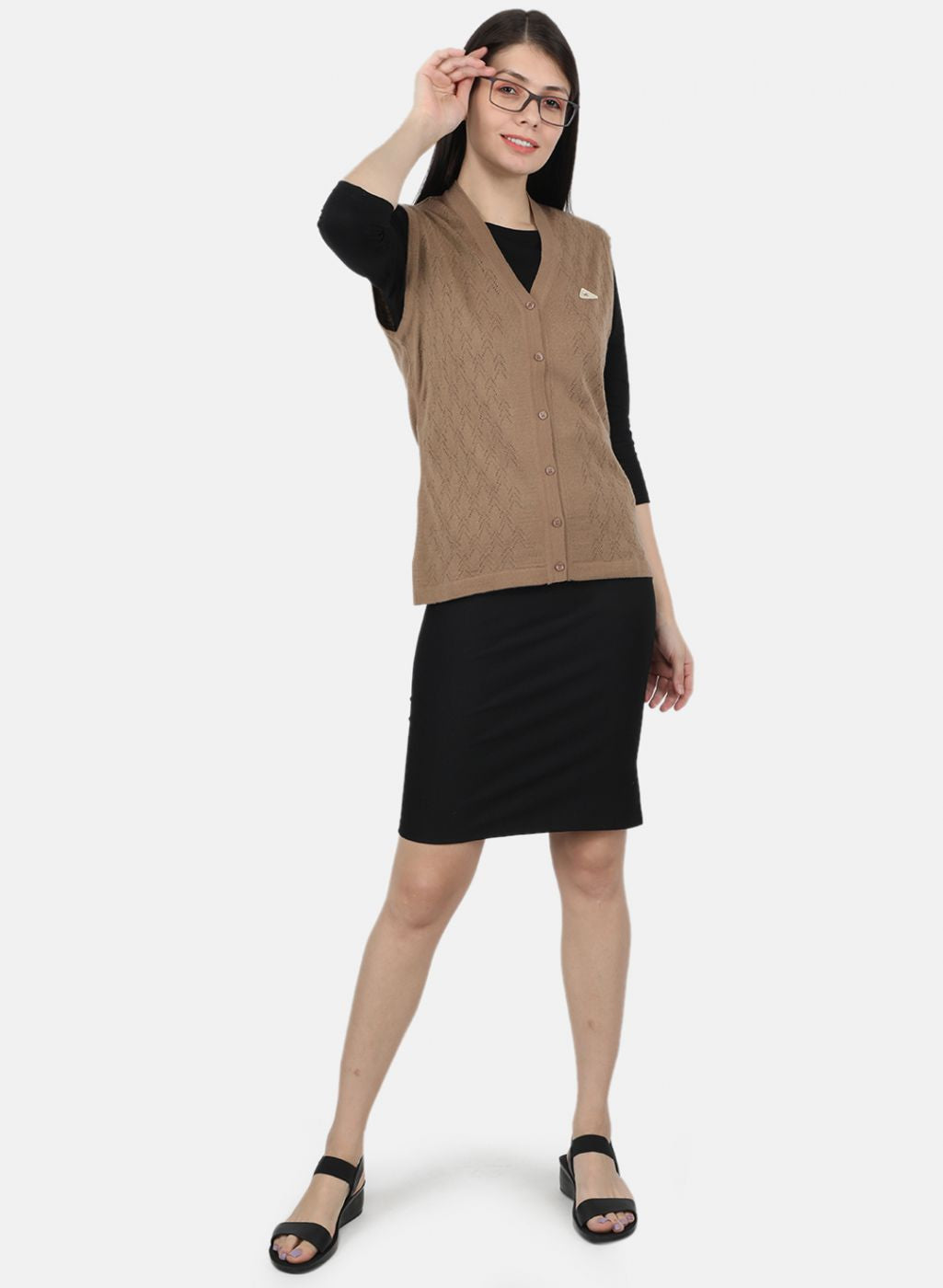 Women Brown Self Design Cardigan