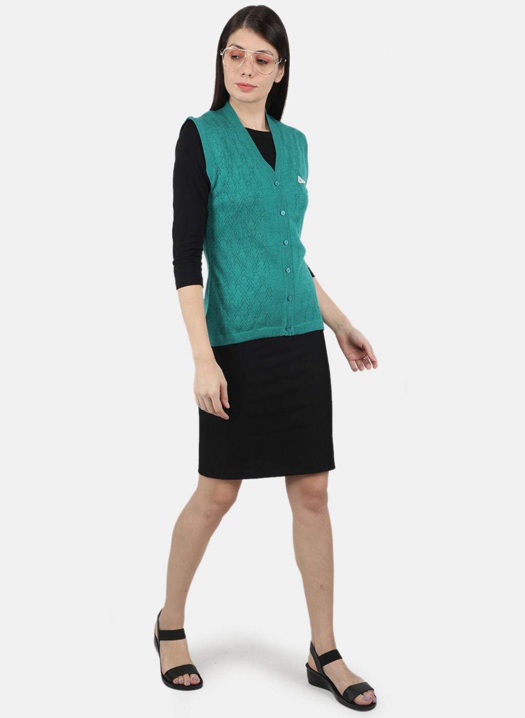 Women Sea Green Self Design Cardigan