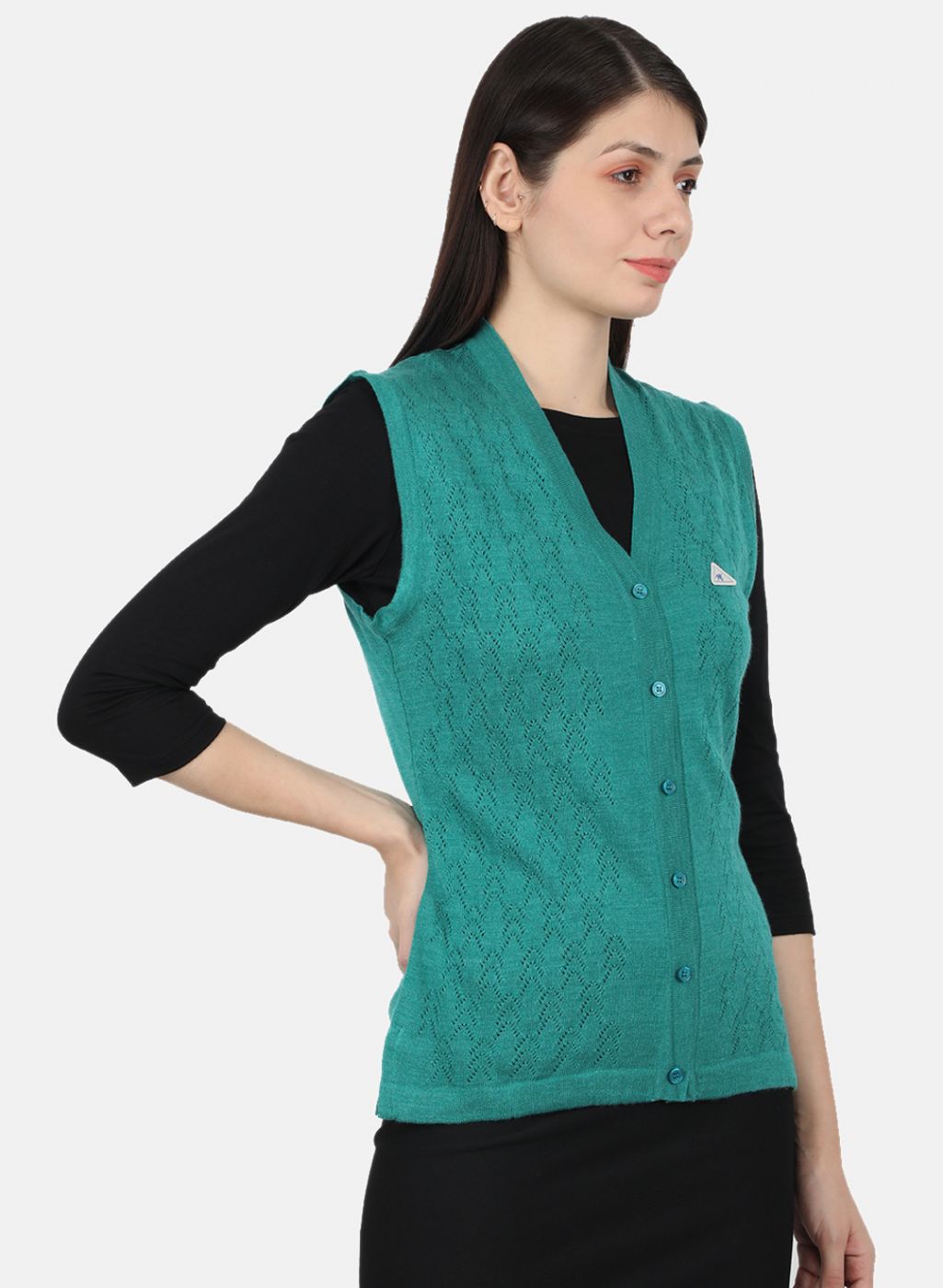 Women Sea Green Self Design Cardigan