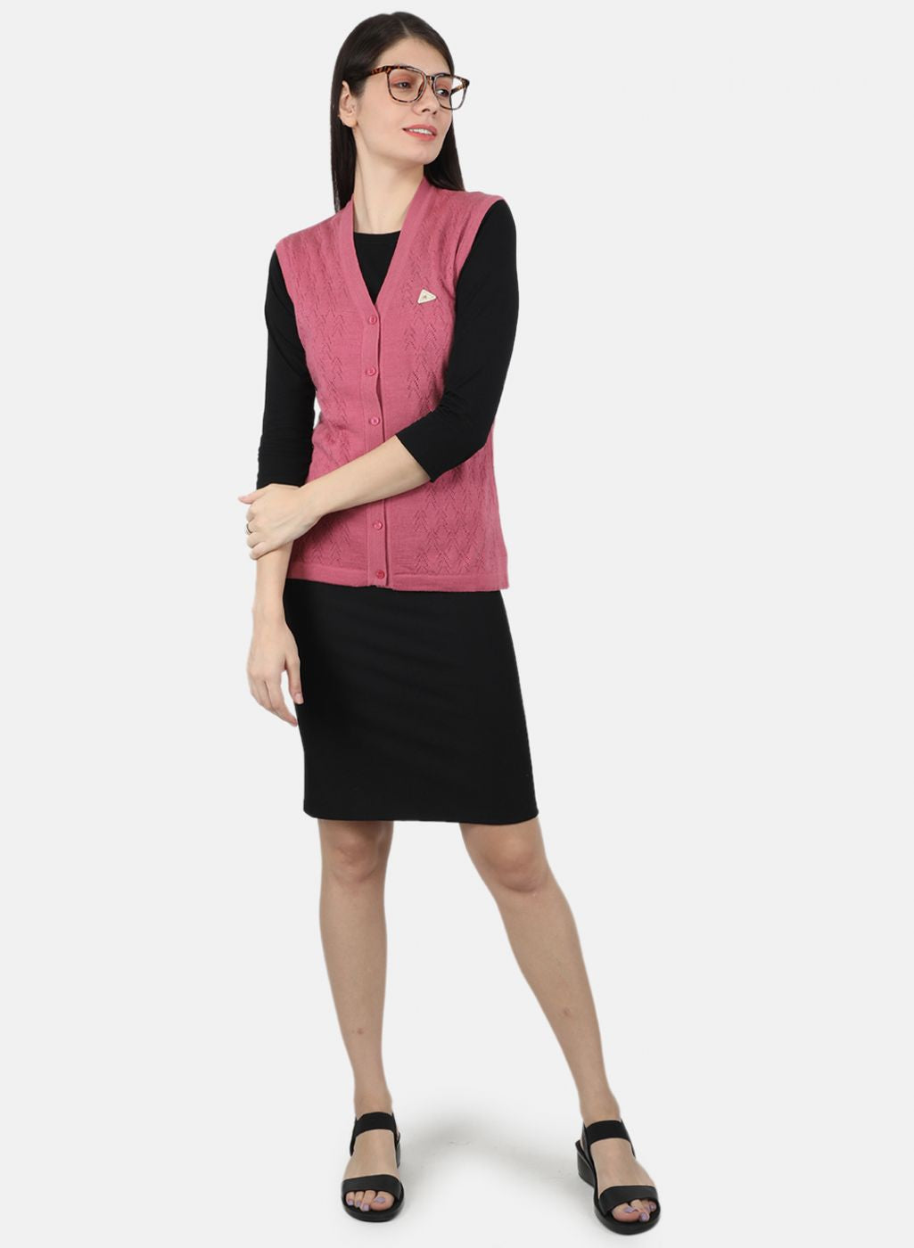 Women Pink Self Design Cardigan