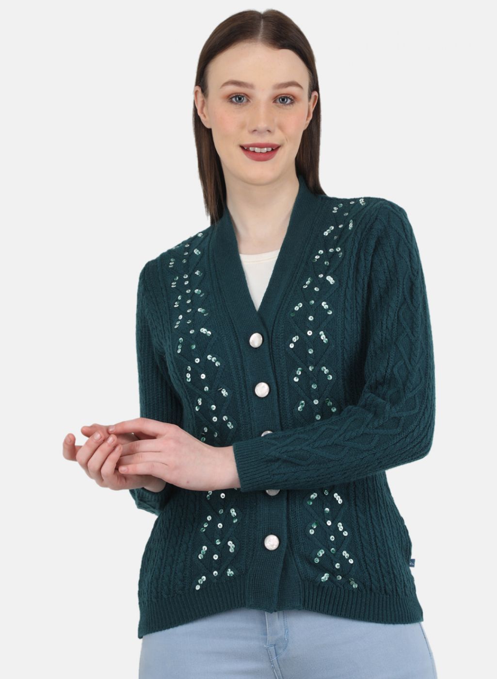 Women Green Self Design Cardigan