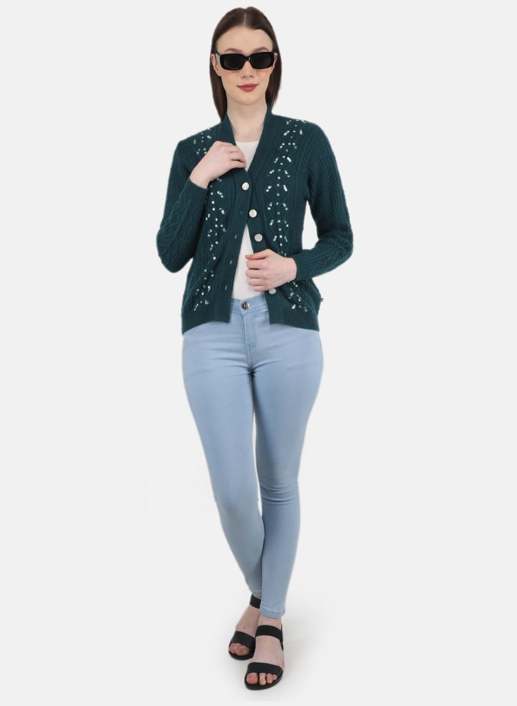 Women Green Self Design Cardigan