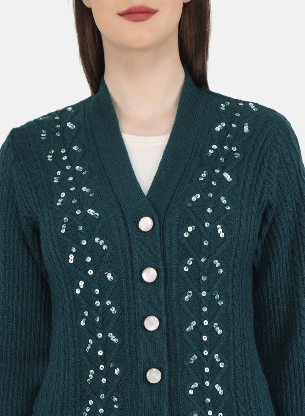 Women Green Self Design Cardigan