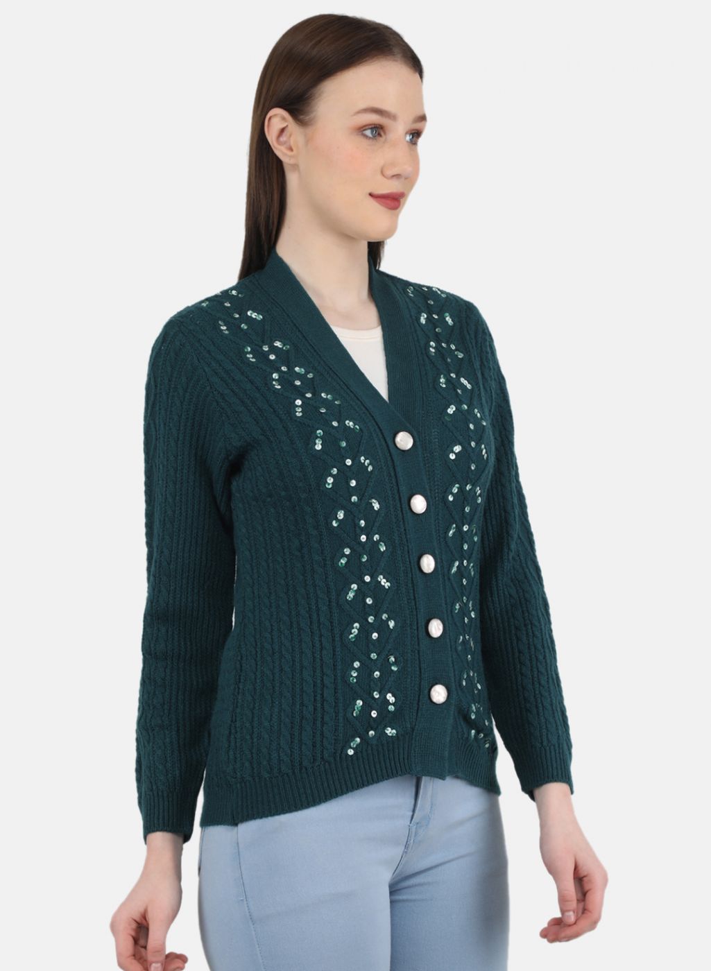 Women Green Self Design Cardigan