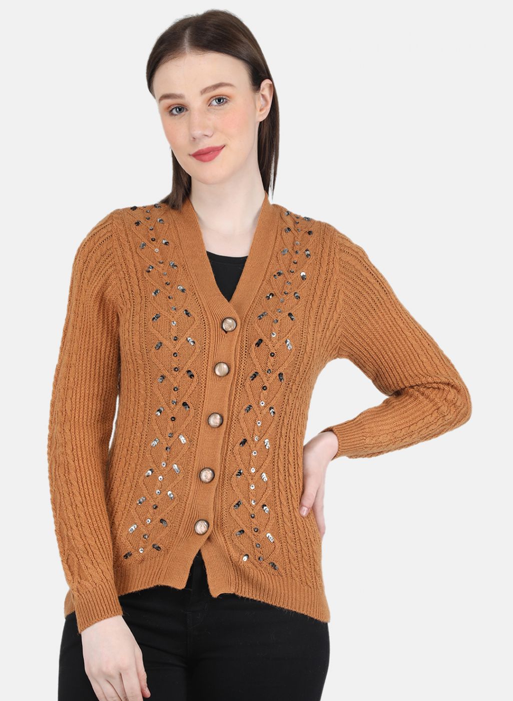 Women Orange Self Design Cardigan