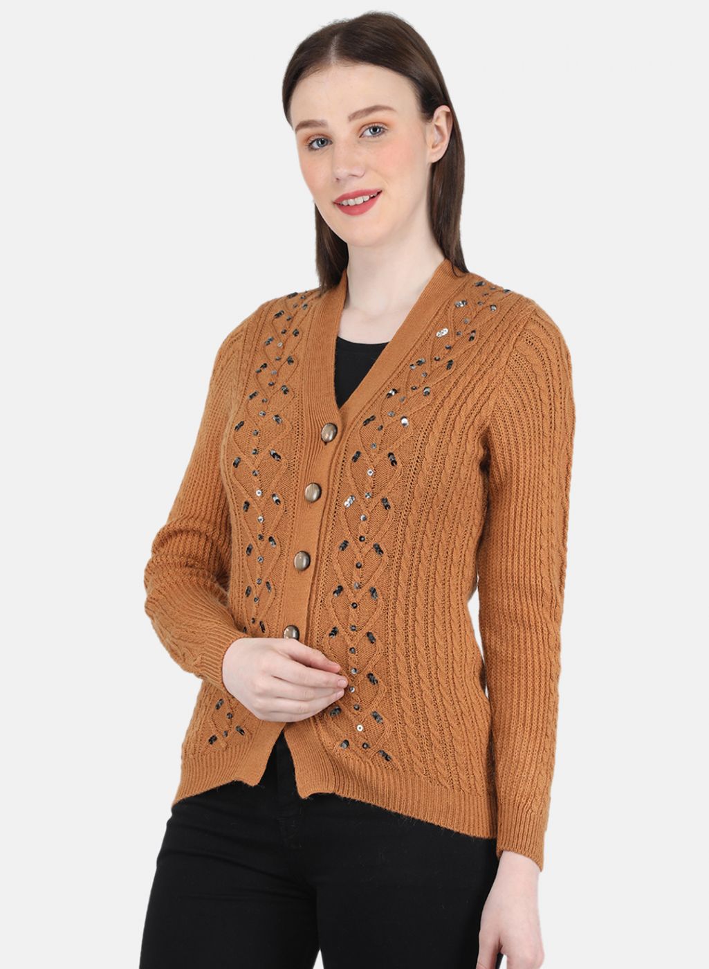 Women Orange Self Design Cardigan