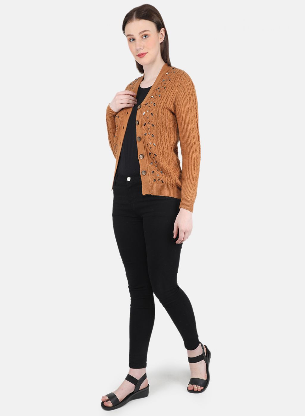 Women Orange Self Design Cardigan