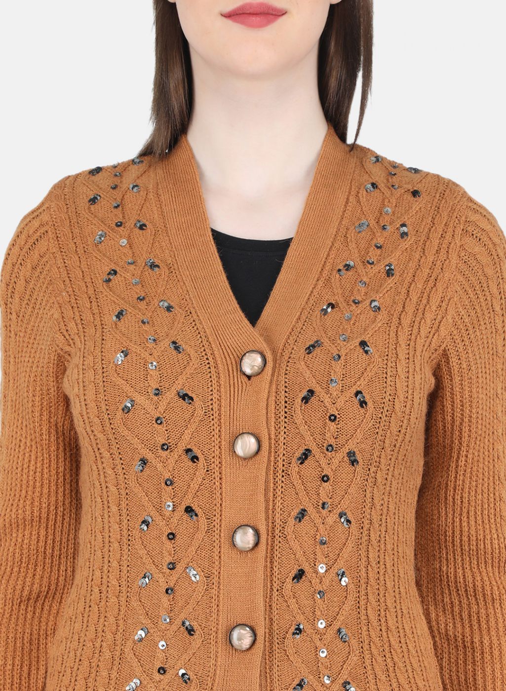 Women Orange Self Design Cardigan