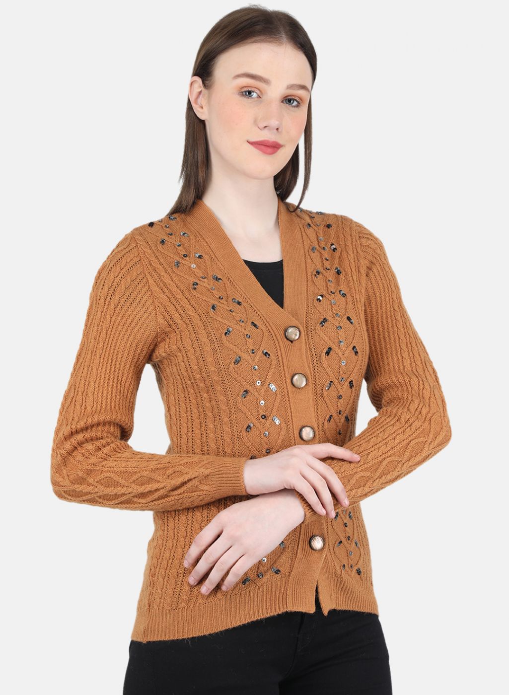 Women Orange Self Design Cardigan