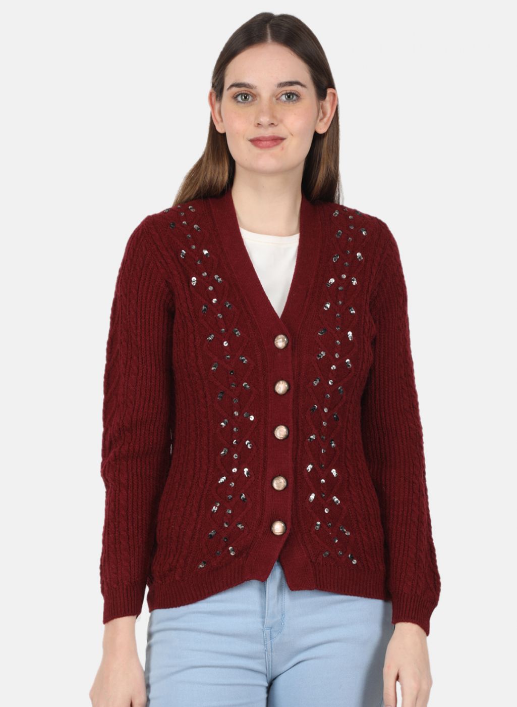 Women Maroon Self Design Cardigan