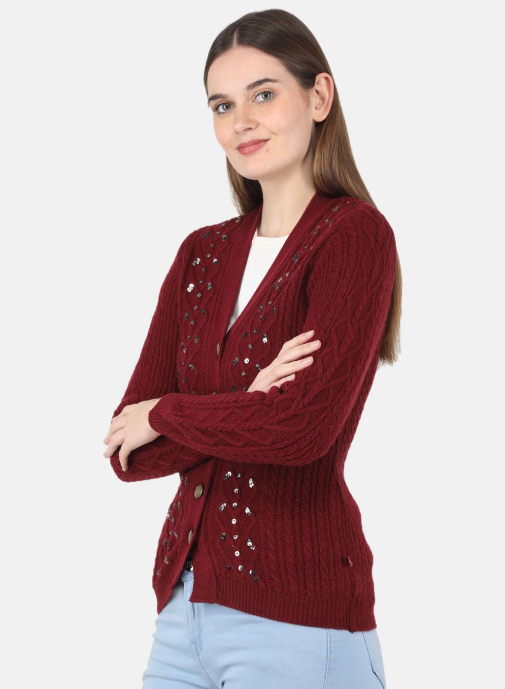 Women Maroon Self Design Cardigan