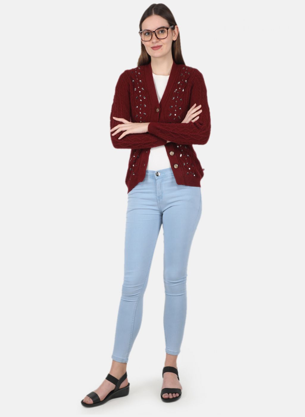 Women Maroon Self Design Cardigan