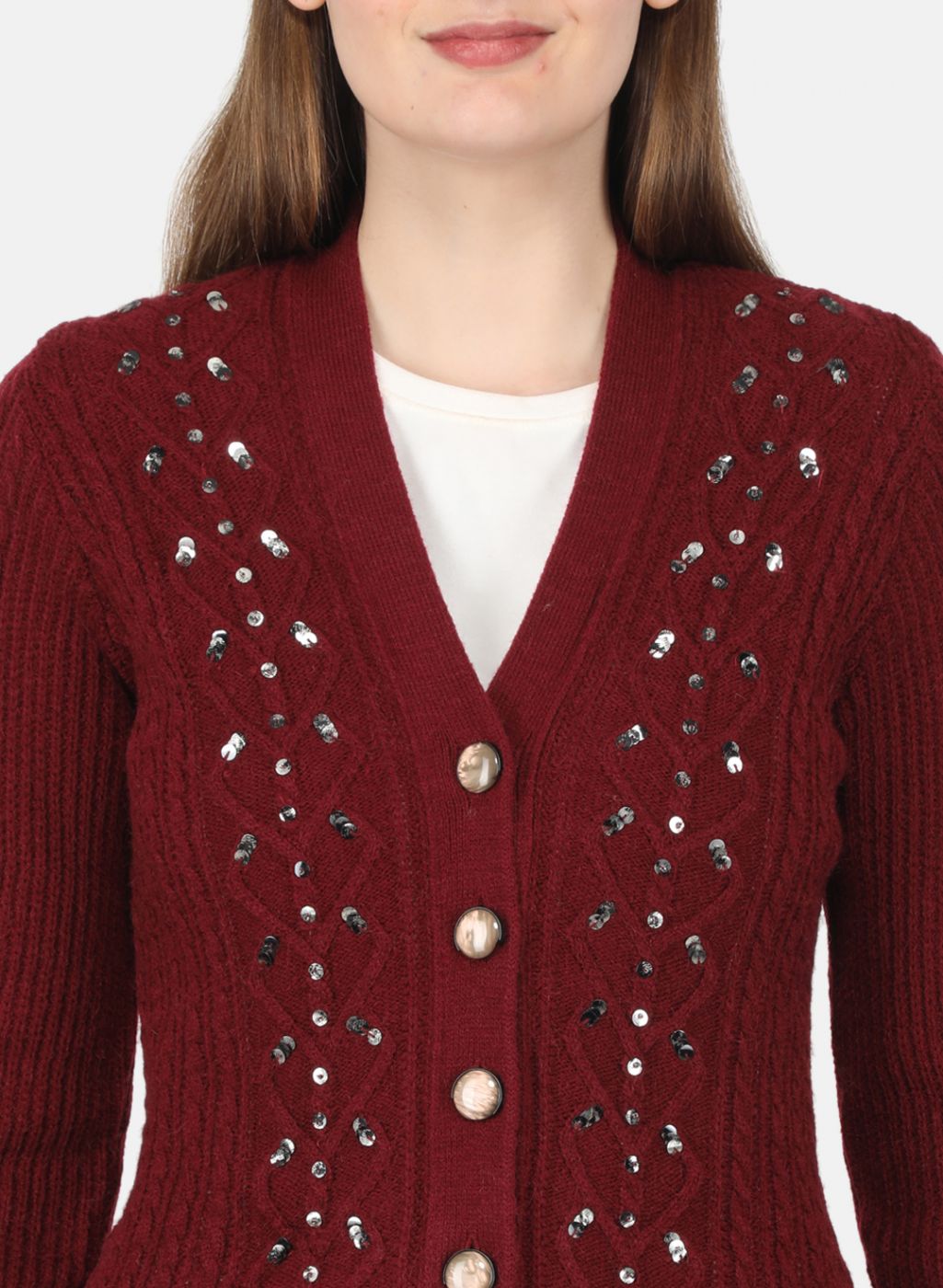 Women Maroon Self Design Cardigan