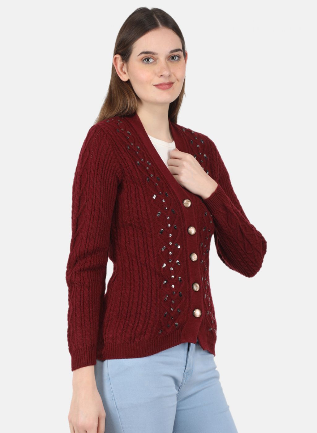 Women Maroon Self Design Cardigan