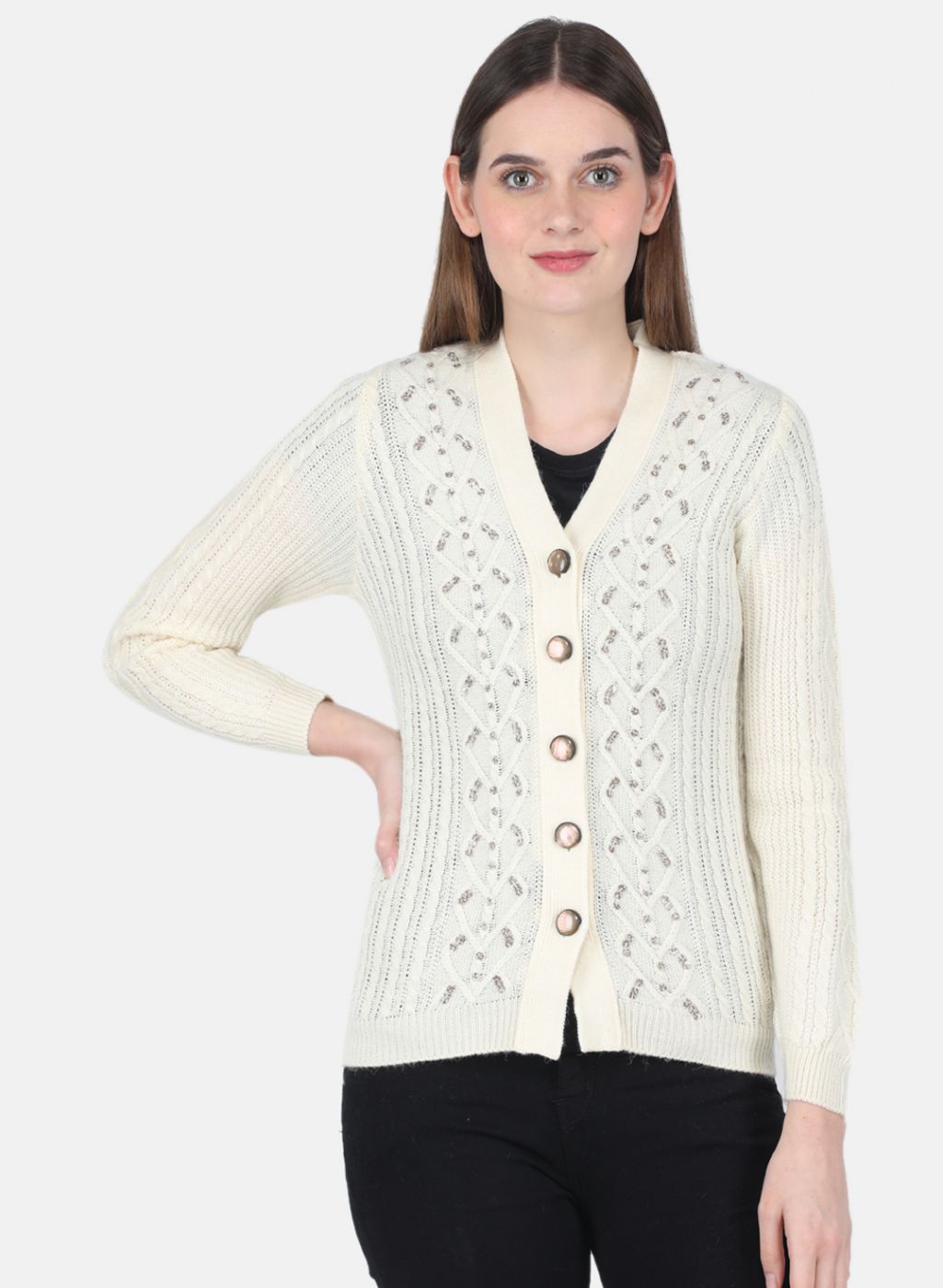 Women Off White Self Design Cardigan