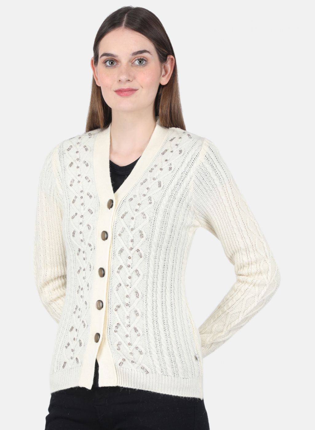 Women Off White Self Design Cardigan